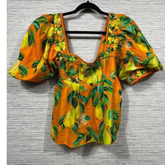 NWTS Farm Rio Orange Chic Pearls Short Sleeve Blouse / Size-Medium - Picture 2 of 12